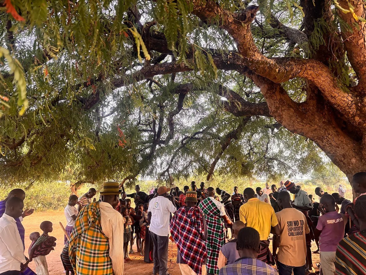 A congregation gathers under a large acacia tree in northern Uganda